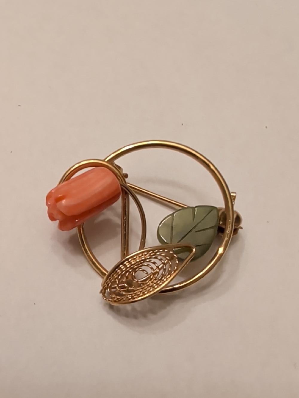 Vintage Gold-Tone Brooch with Coral Orange Tulip and Sage Leaf